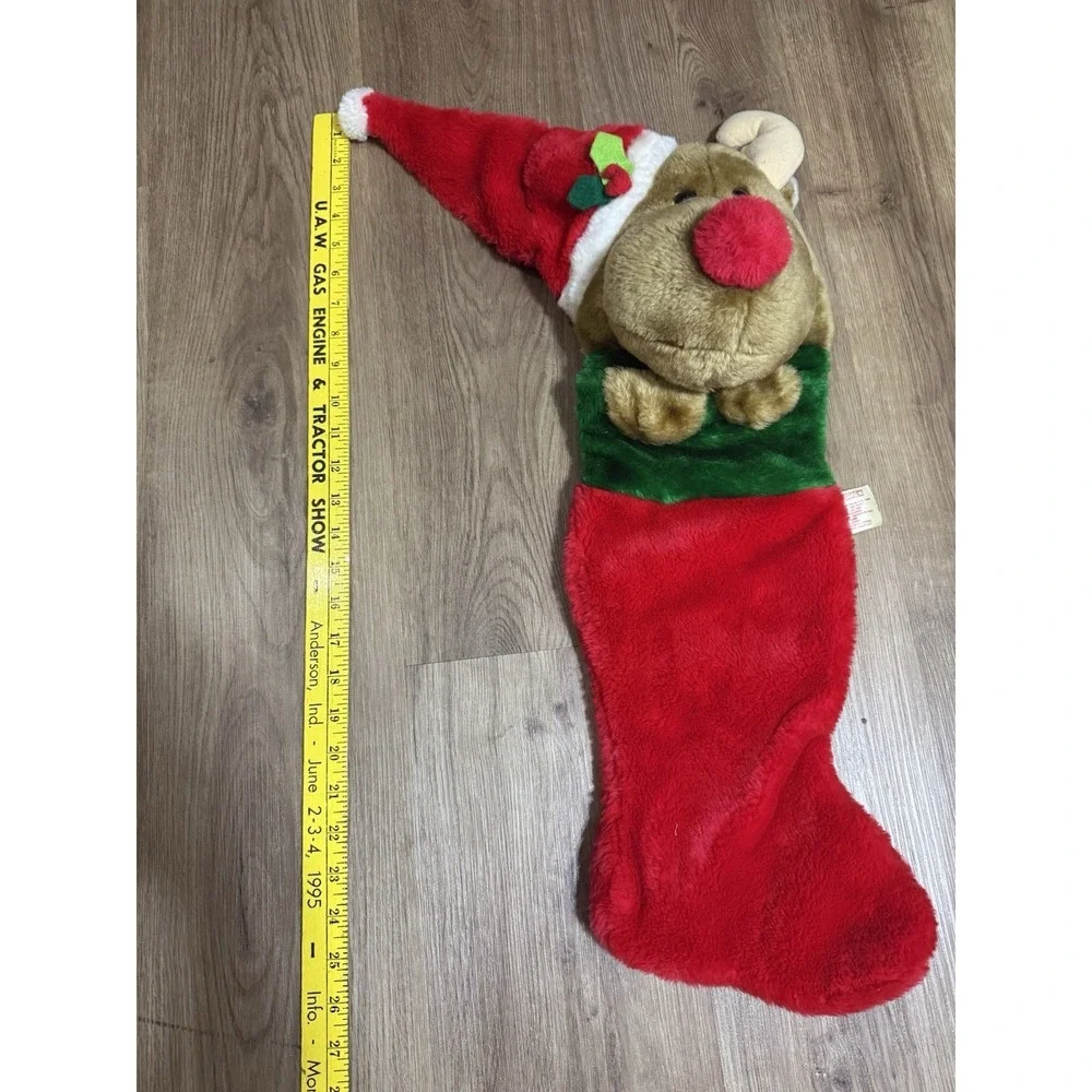 Vtg Christmas Stocking 3D Reindeer/Moose Plush Fuzzy‎ Red Nose 26